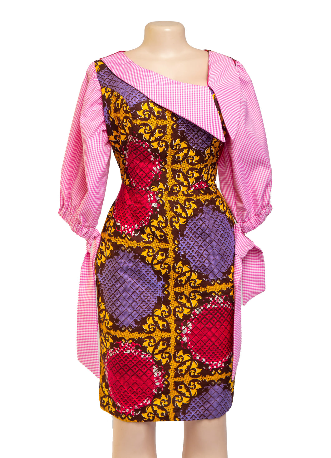 CHECKYWAX - African print wax print dress with checked sleeve